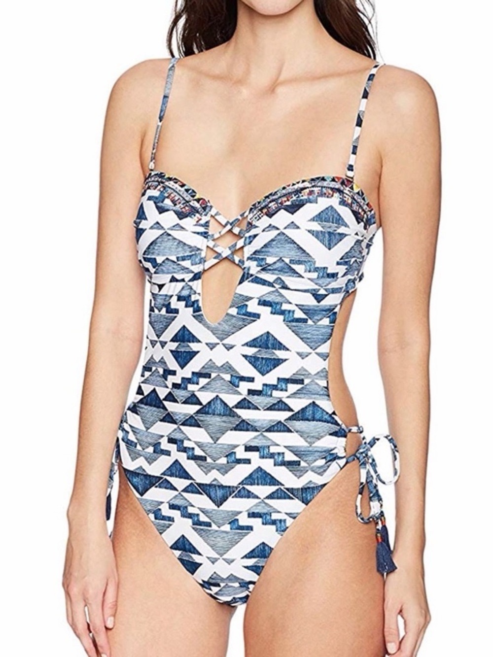 NWT Lucky Brand Navy Geo Print Cutout One Piece Swimsuit M